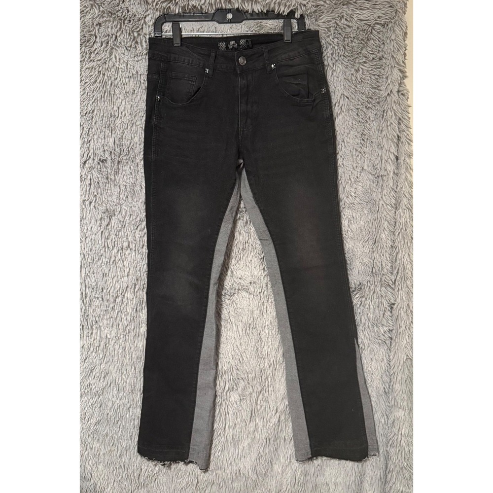 Rebel Vengeance Raw Edge Panel Black Jeans Skull Accents Mens Size 30 Denim‎